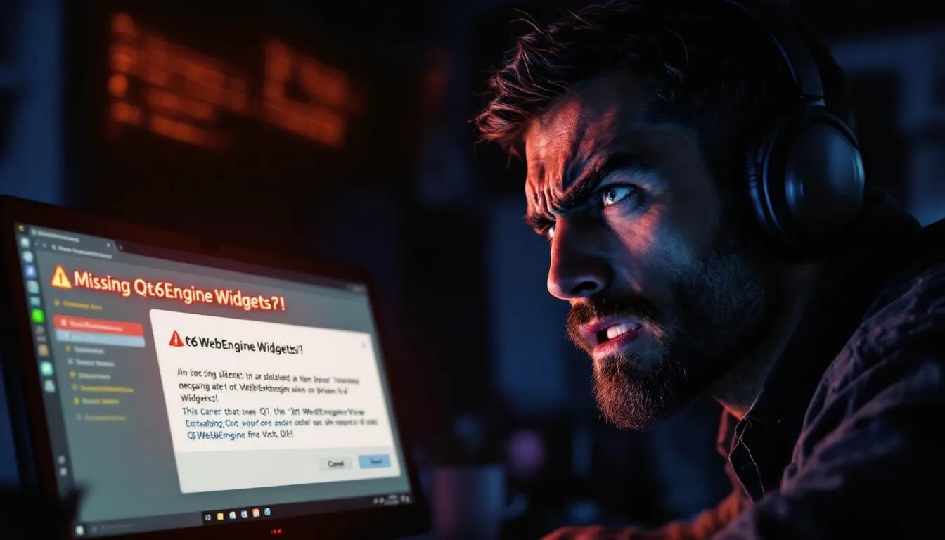Frustrated developer facing missing Qt6WebEngineWidgets module in the Qt 6 installer with warning icon and QWebEngineView error messages