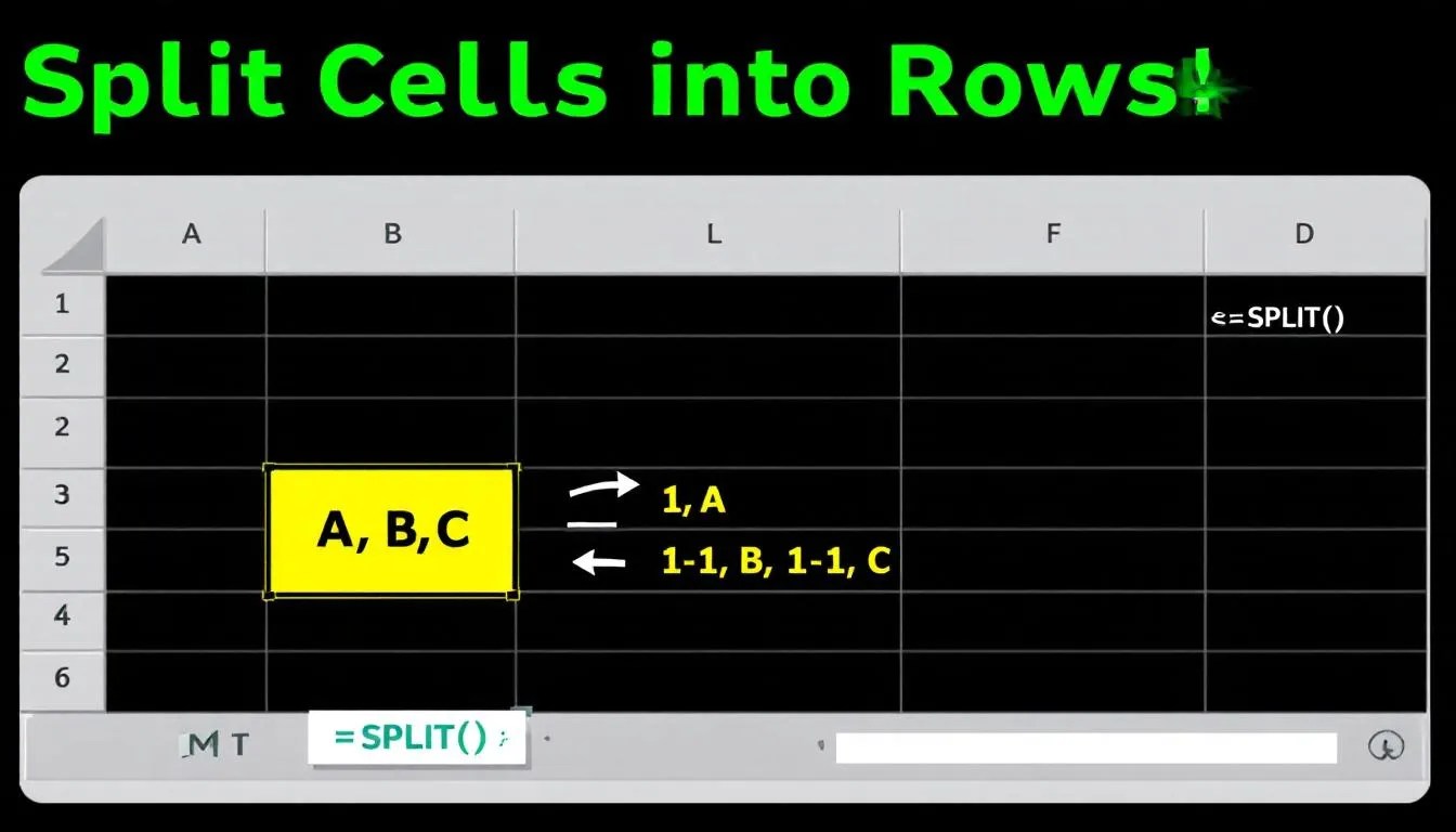 Spreadsheet showing Excel row with comma-separated values splitting into multiple rows using formulas or Power Query