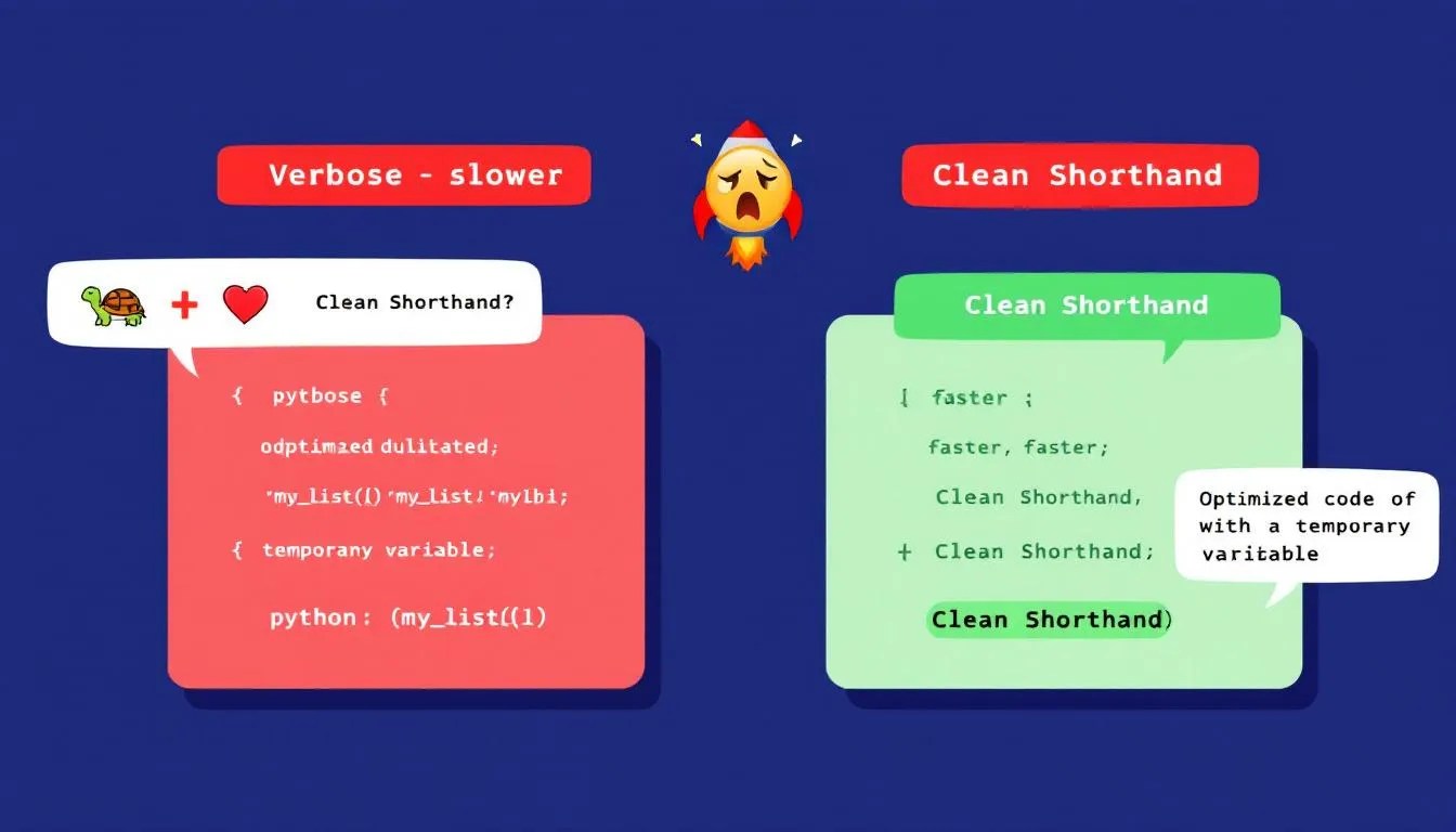Side-by-side comparison of Python code reusing list objects with and without shorthand, showing performance and readability impact