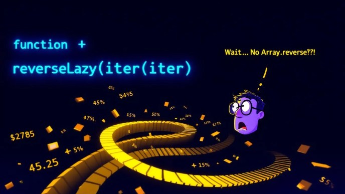 JavaScript reverseLazy function visualized with a spiraling arrow reversing data and a surprised developer, illustrating lazy recursion in JavaScript iterables
