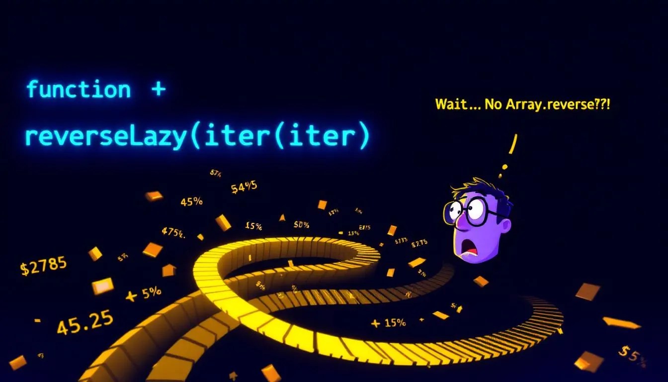 JavaScript reverseLazy function visualized with a spiraling arrow reversing data and a surprised developer, illustrating lazy recursion in JavaScript iterables