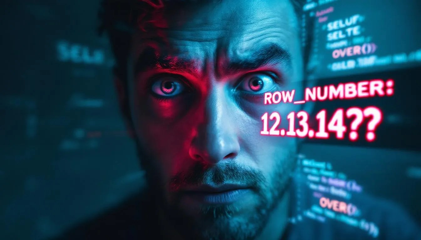 Confused developer looking at SQL output where ROW_NUMBER starts at 12 inside a CTE, representing common SQL window function misbehavior