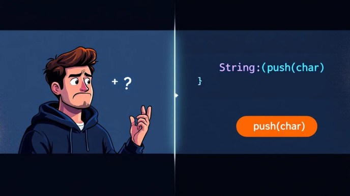 Illustration of a Rust developer confused by String + char concept on one side and clearly using push(char) on the other, representing Rust's explicit string handling design.