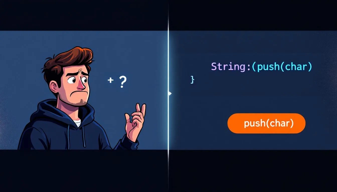 Illustration of a Rust developer confused by String + char concept on one side and clearly using push(char) on the other, representing Rust's explicit string handling design.