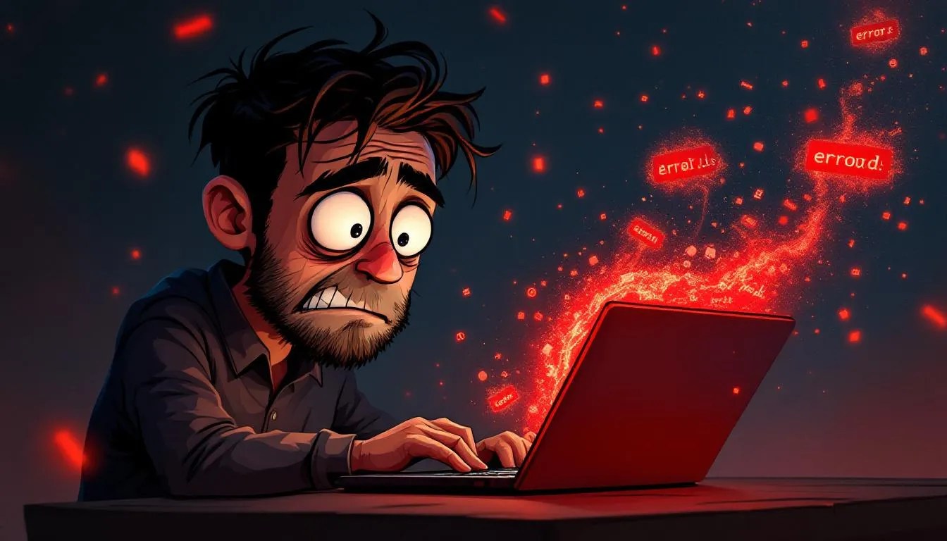 Frustrated Rust developer in front of compiler error about union field needing Copy trait with Rust logo and red error messages