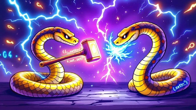 Cartoon-style Python snakes in a magical coding duel representing setattr vs __set__ descriptor battle, with code symbols and lightning effects