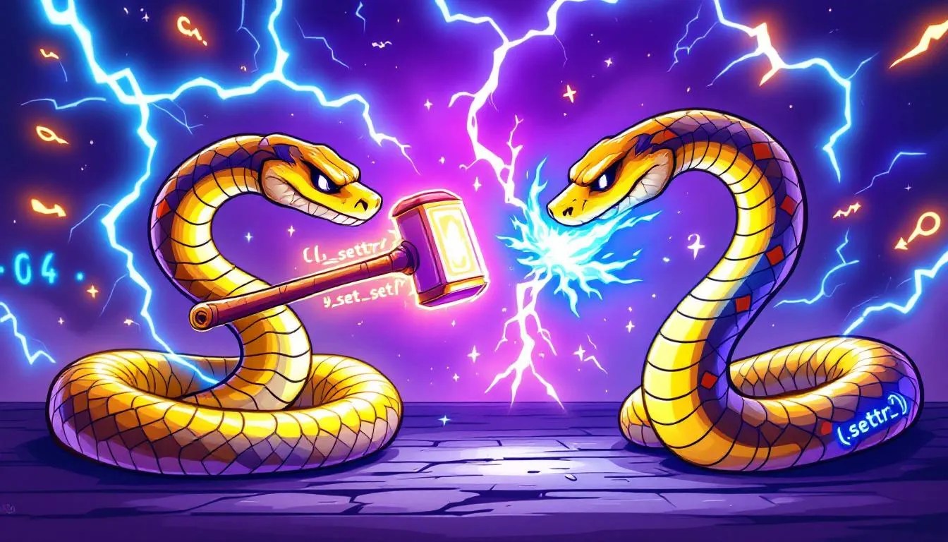 Cartoon-style Python snakes in a magical coding duel representing setattr vs __set__ descriptor battle, with code symbols and lightning effects
