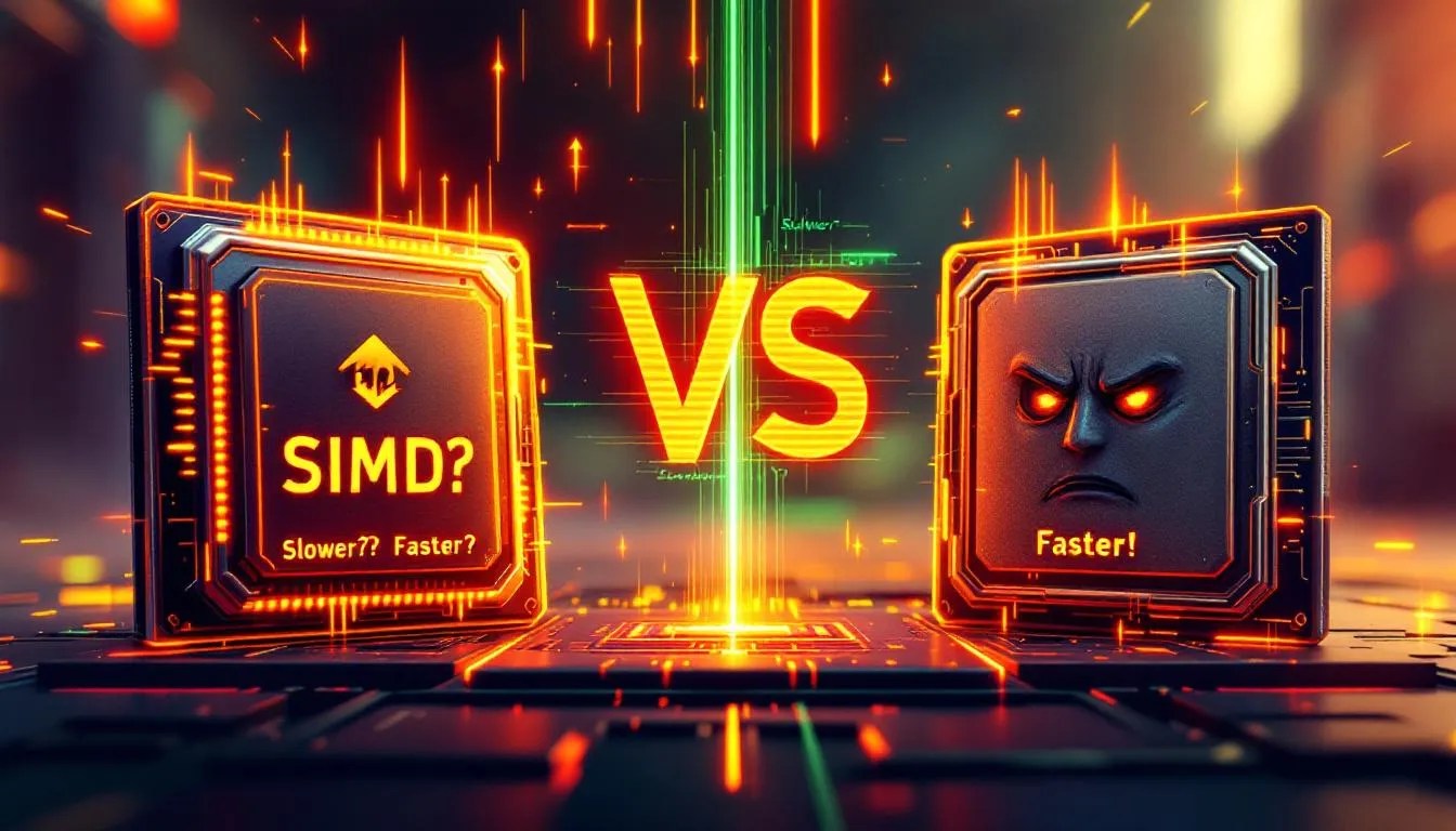 Confused high-tech SIMD CPU chip losing in benchmark to retro scalar chip, illustrating unexpected slower performance in Eigen library with SIMD intrinsics