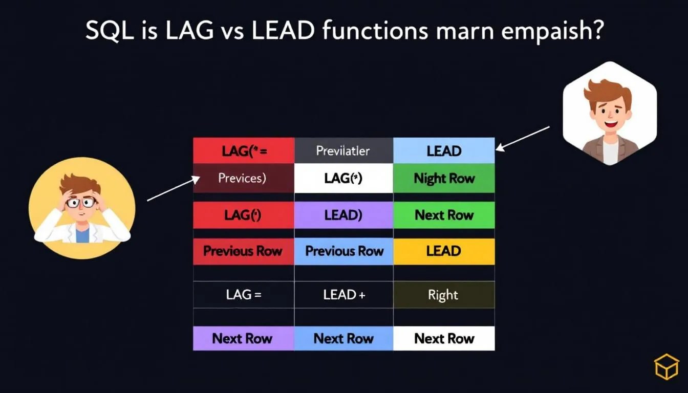 Stylized SQL LAG and LEAD thumbnail showing previous and next row comparison using arrows on a data table