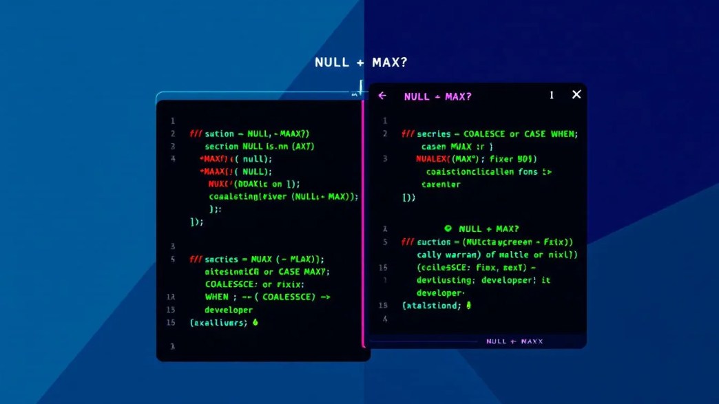 SQL query terminal showing how to handle NULLs with MAX function using COALESCE and CASE WHEN, highlighting best practices for developers