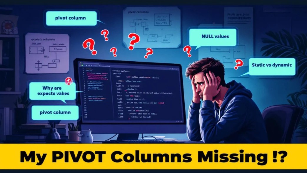Frustrated developer debugging SQL pivot table query with missing columns and annotated code screen showing pivot logic with NULL and static pivot issues