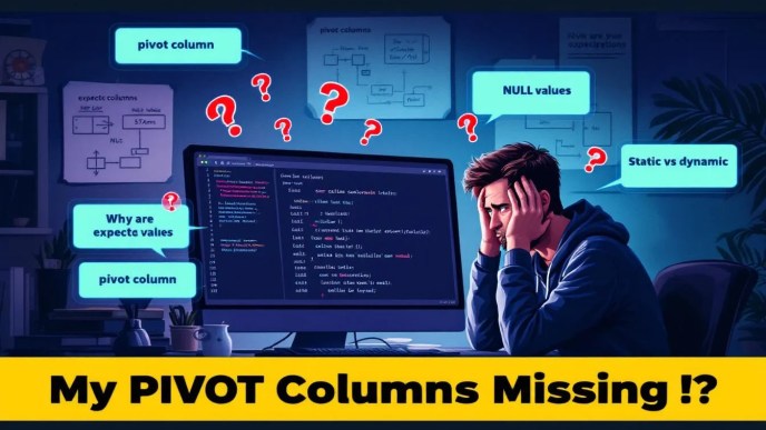 Frustrated developer debugging SQL pivot table query with missing columns and annotated code screen showing pivot logic with NULL and static pivot issues