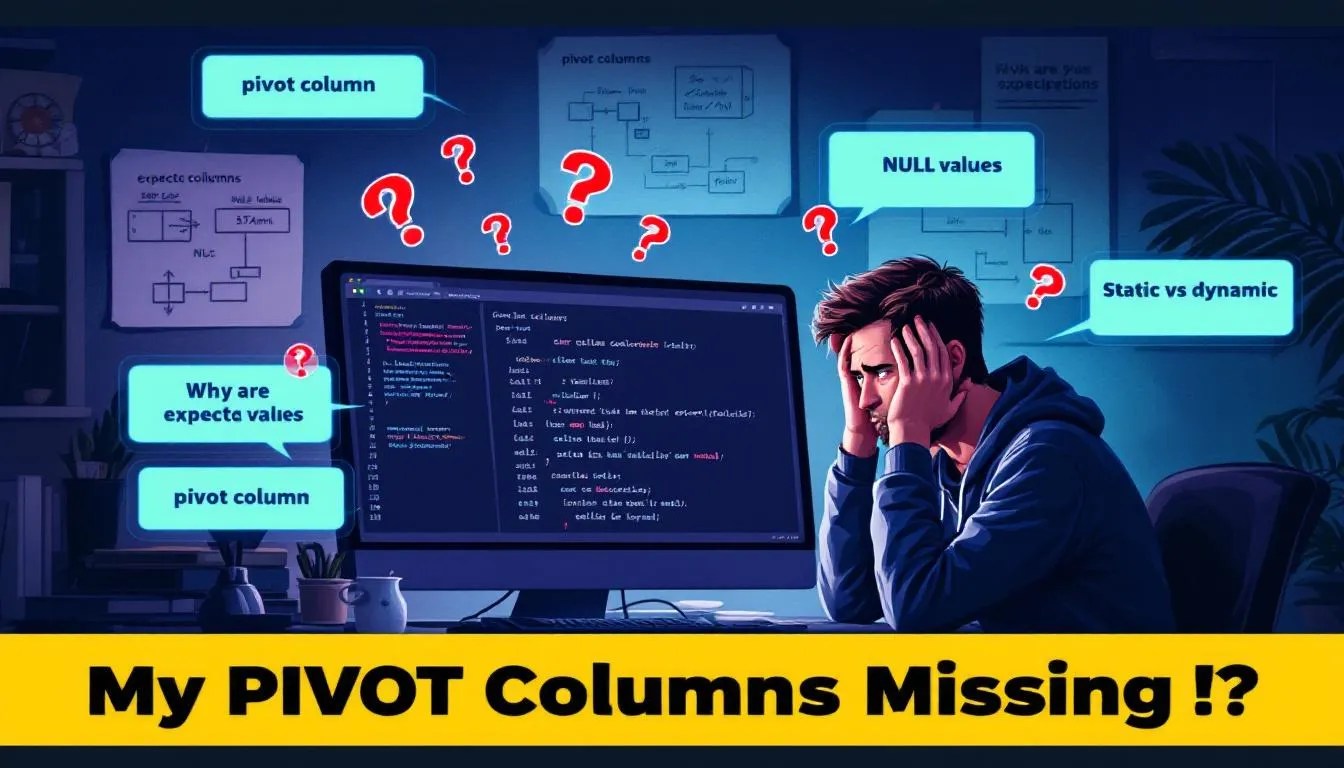 Frustrated developer debugging SQL pivot table query with missing columns and annotated code screen showing pivot logic with NULL and static pivot issues