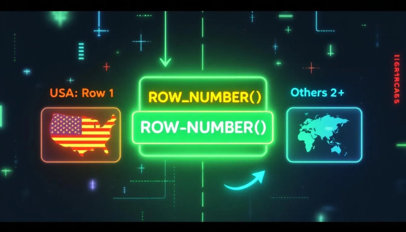 SQL ROW_NUMBER function thumbnail emphasizing prioritizing USA rows first when ordering data by country in queries