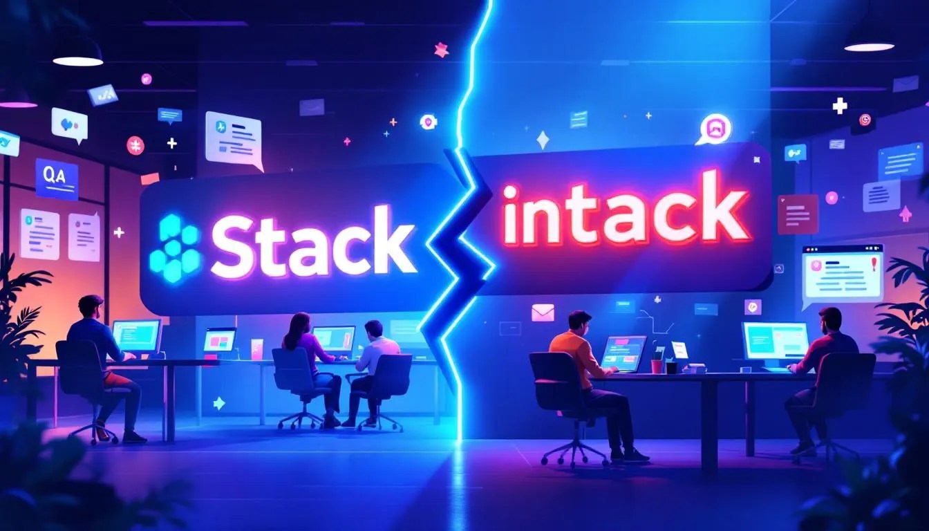 Illustration of Stack Overflow for Teams being rebranded to Stack Internal with software developers collaborating and digital knowledge-sharing tools in use