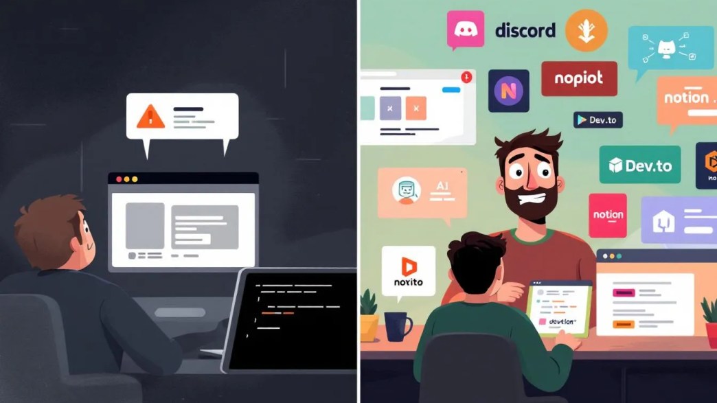 Frustrated developer looking at Stack Overflow downvotes on one side, smiling developer using Stack Overflow alternatives like Discord, Dev.to, GitHub Copilot on the other