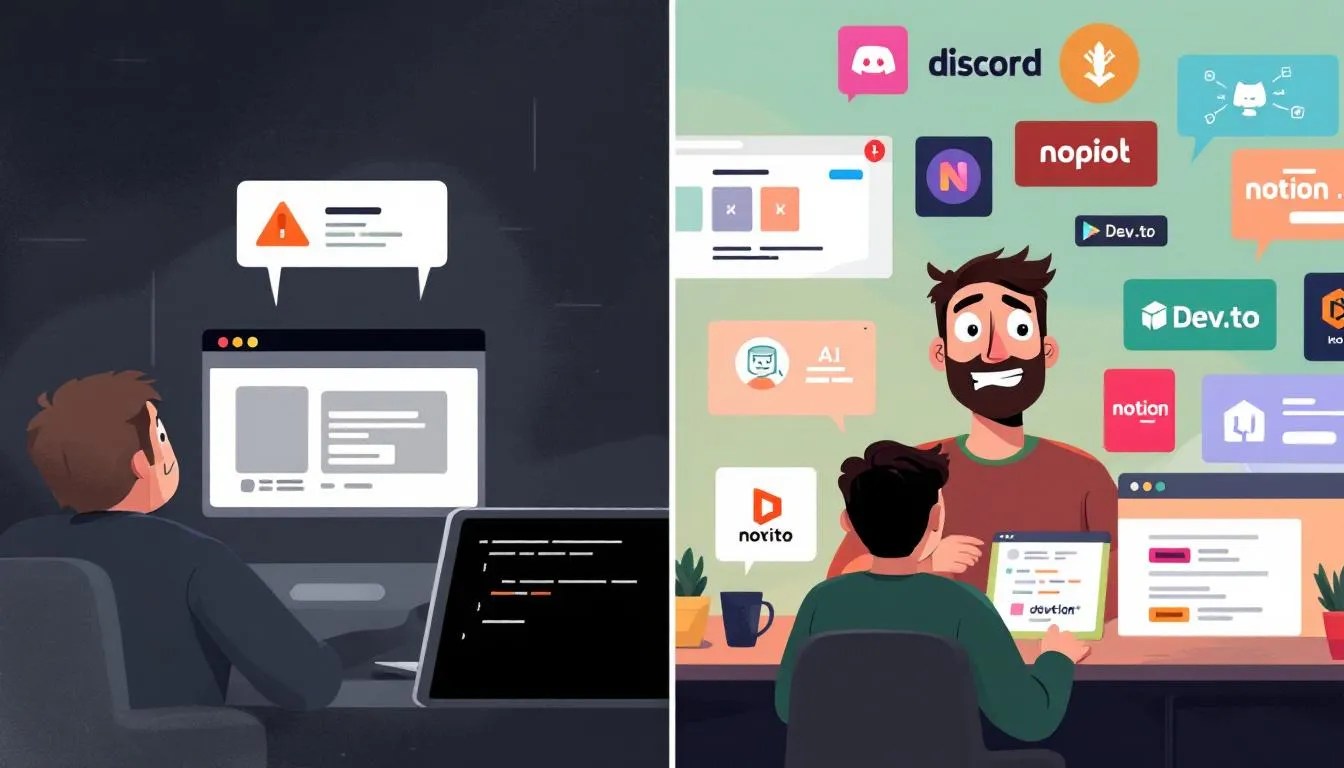 Frustrated developer looking at Stack Overflow downvotes on one side, smiling developer using Stack Overflow alternatives like Discord, Dev.to, GitHub Copilot on the other