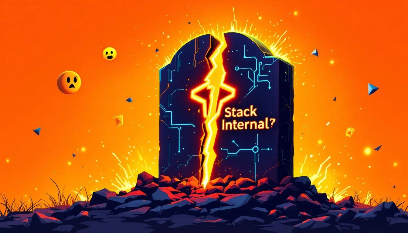 Stack Overflow for Teams rebranding to Stack Internal with broken Stack Overflow logo and new glowing internal platform rising.