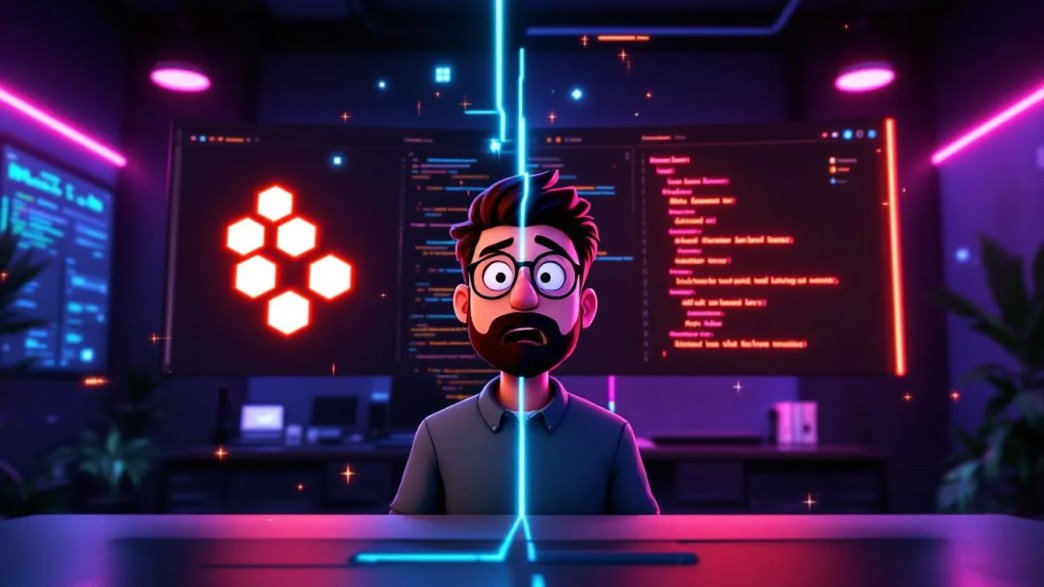 Shocked developer standing between Stack Overflow for Teams and Stack Internal with swirling AI and code elements in a high-tech office