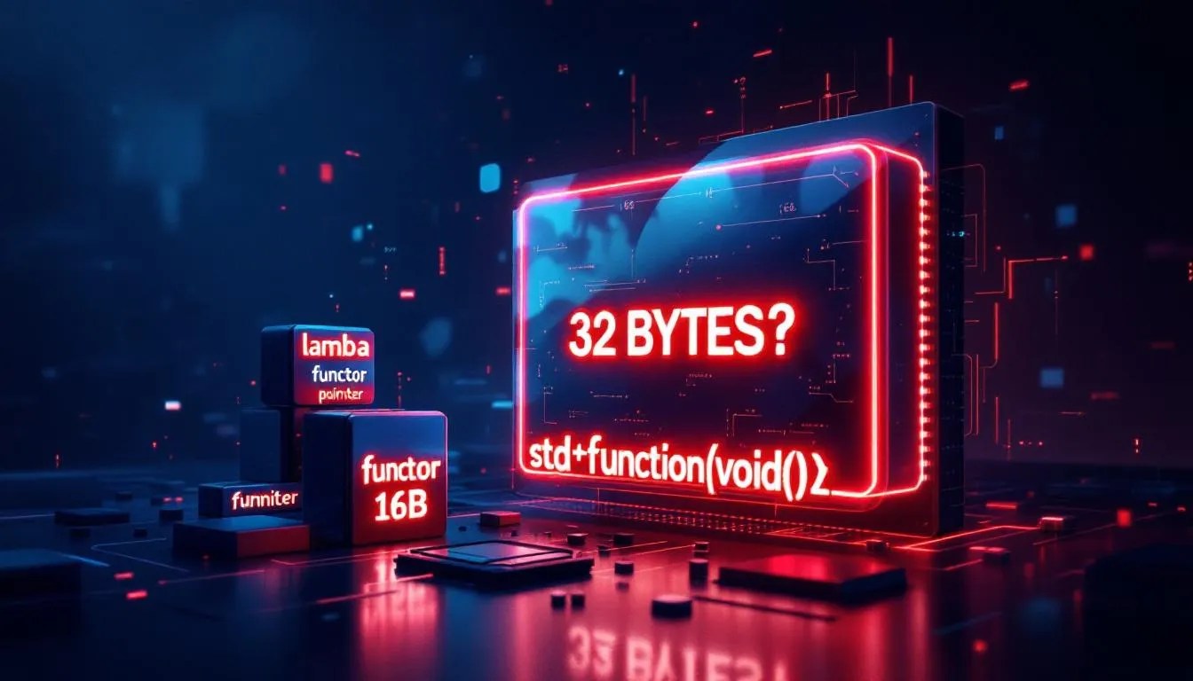 Illustration comparing std::function memory size to lambdas and function pointers in C++ with glowing neon memory blocks and performance theme