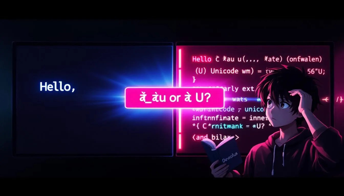 Thumbnail showing comparison of ASCII and Unicode strings in C, with escape sequences like u and U, colorful terminal and emoji rendering for UTF-8 in C