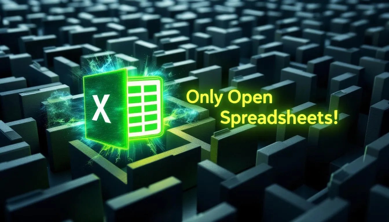 VBA automation concept showing Excel file emerging from a maze of subfolders with text 'Only Open Spreadsheets!' to represent automated file traversal