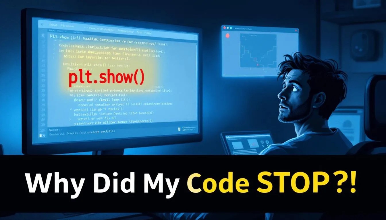 Frustrated Python developer looking at terminal with plt.show causing code to freeze, Matplotlib plot window frozen in background
