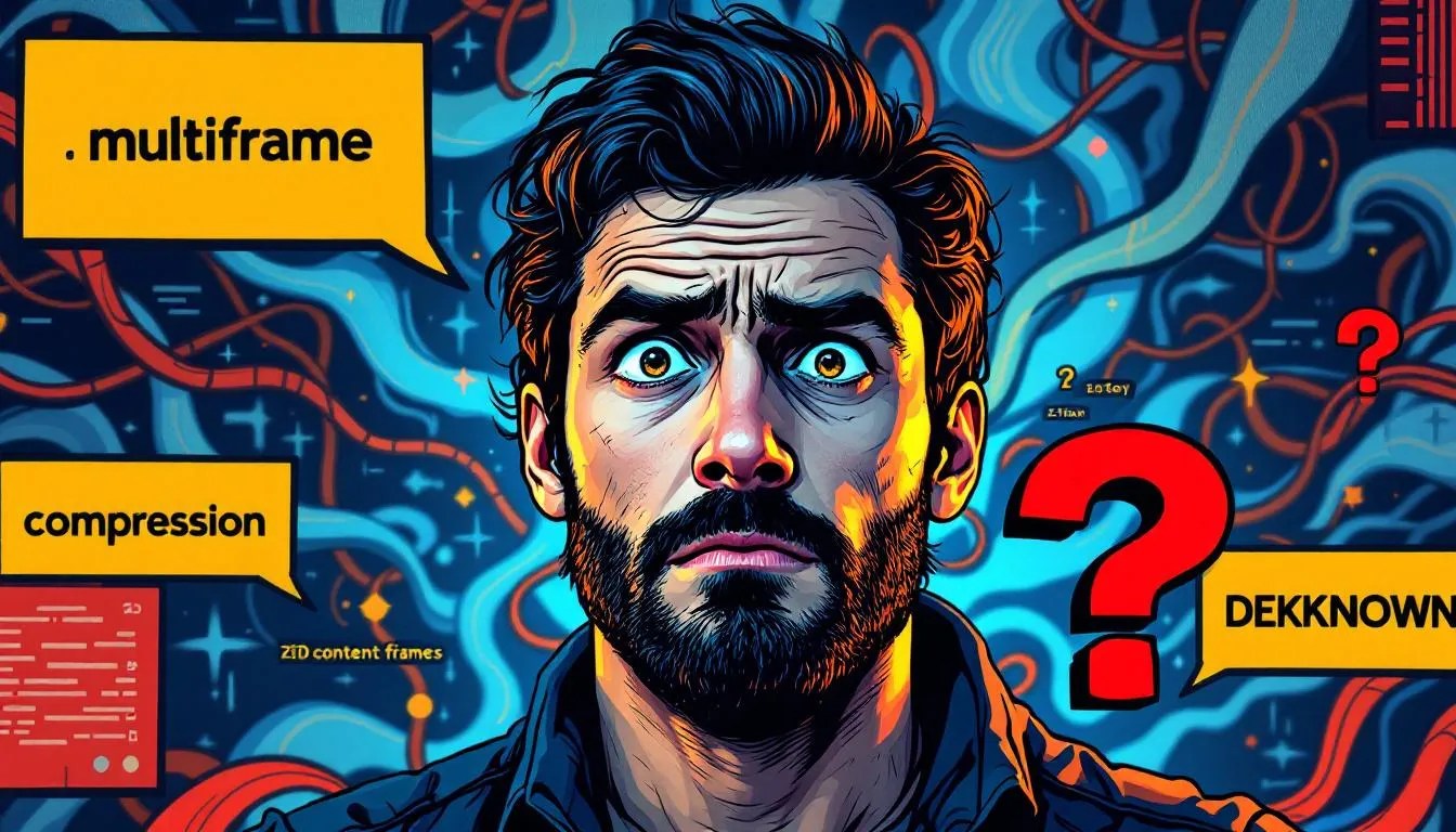 Confused Python developer looking at terminal showing ZSTD content_size unknown error with multiframe compression stream graphics