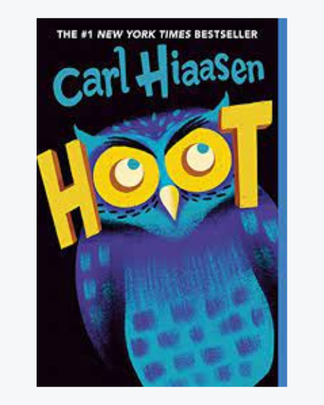 A blue and purple owl gazes upwards through the "O"s of the yellow block letters of "Hoot" like it is a pair of yellow glasses