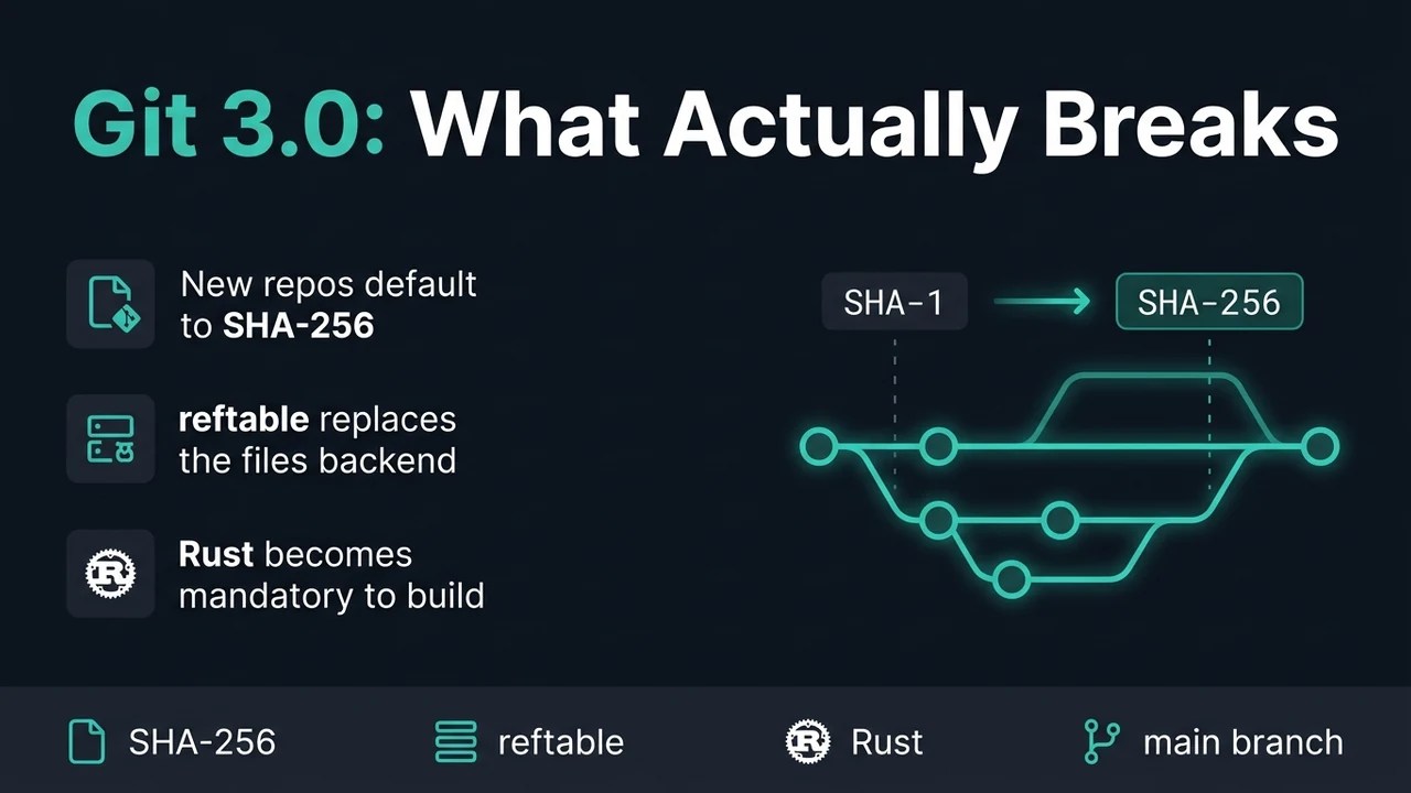 git 3.0 breaking changes showing SHA-256 default, reftable, and mandatory Rust build requirement