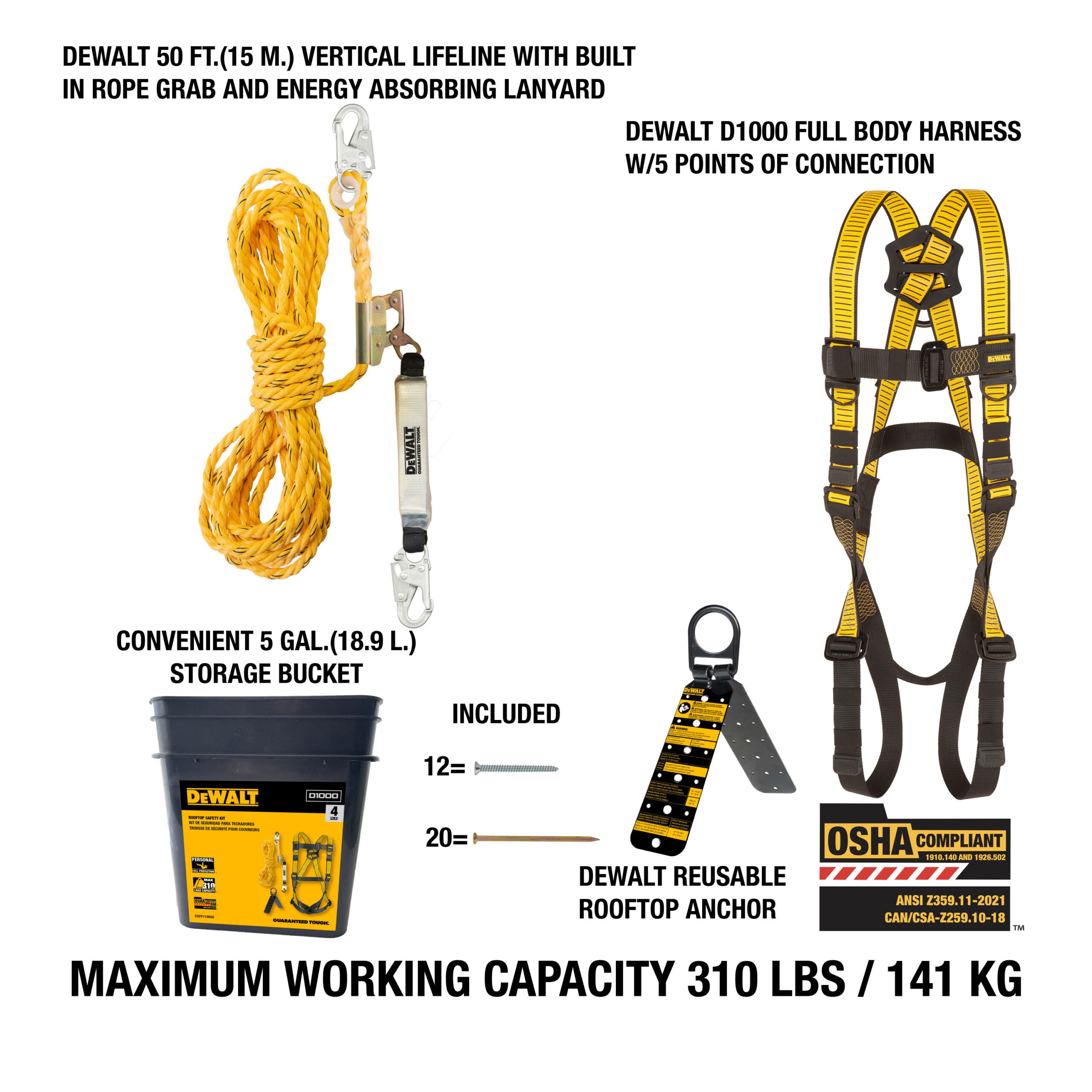 DEWALT Rooftop Safety Kit Safety Harness, Lifeline, Anchor.