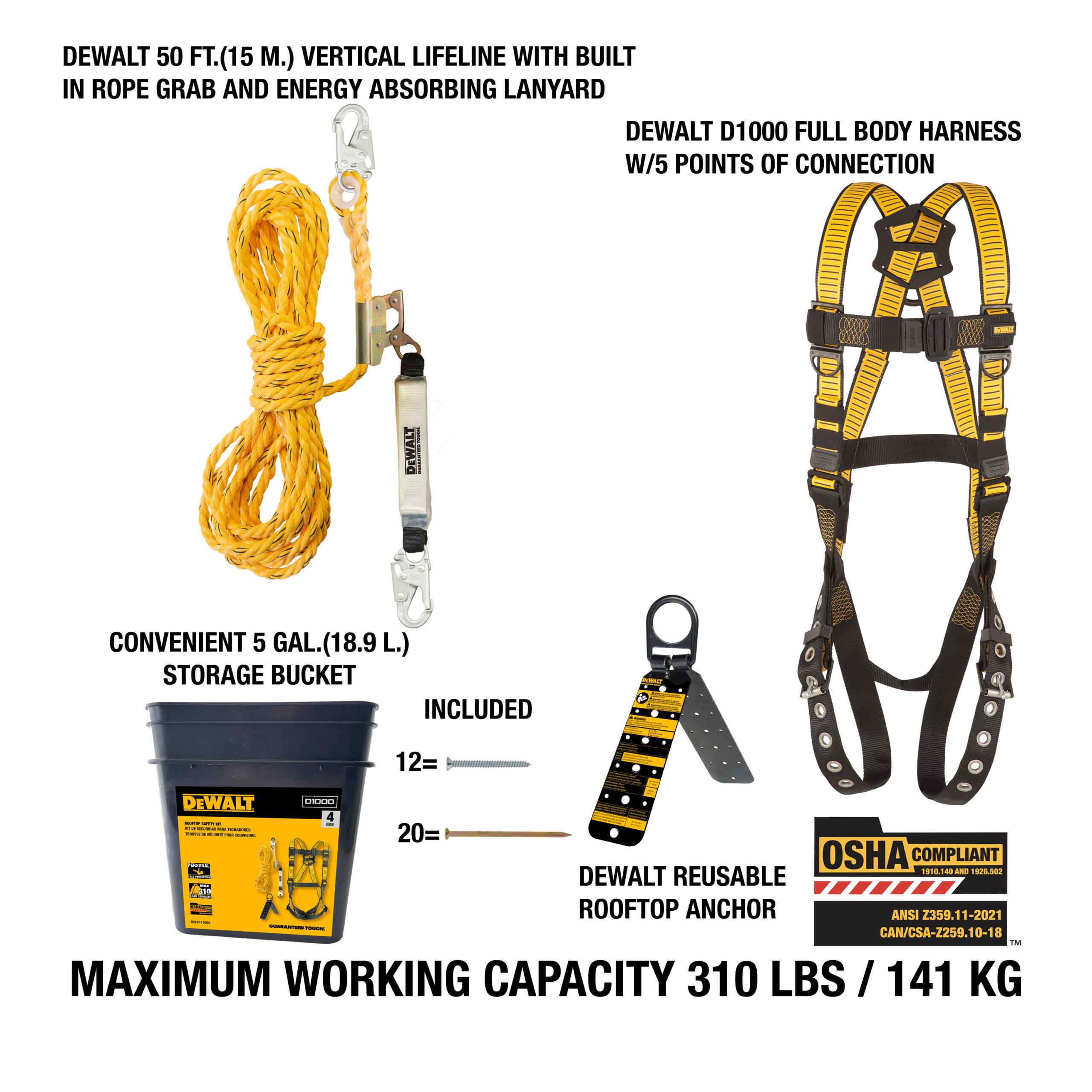 DEWALT Rooftop Safety Kit Safety Harness, Lifeline, Anchor.