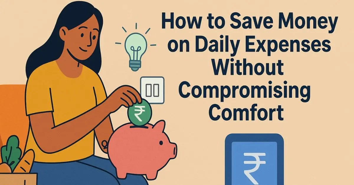 A woman saving money by putting an Indian rupee coin into a piggy bank with groceries and a light bulb symbol, representing smart ways on how to save money on daily expenses without compromising comfort.