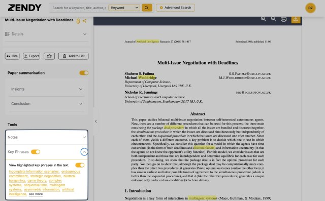 Notes and key phrases in Zendy's PDF viewer