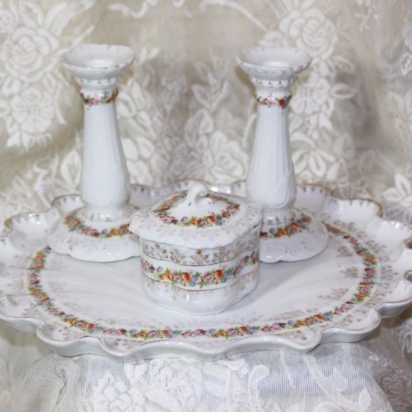 Dresser set or vanity set with mirror brush two dresser jars | etsy. vintage porcelain 4 piece vanity dresser set