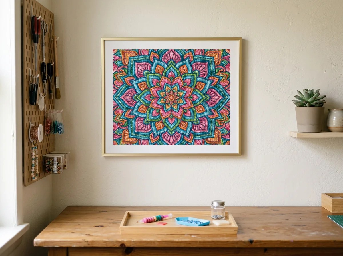 Finished colorful diamond art mandala displayed in a simple frame