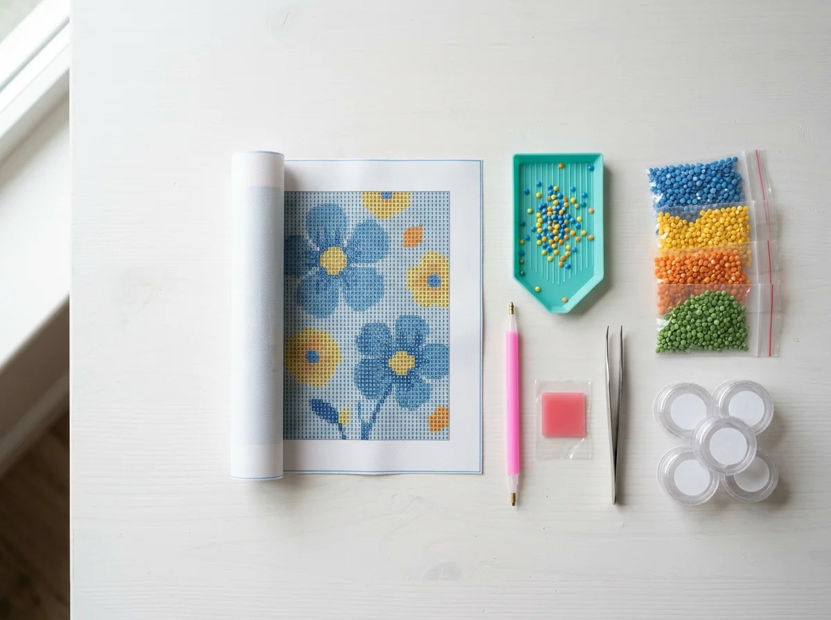 Diamond art supplies arranged on a clean table: adhesive canvas, grooved tray, stylus, wax, drills and tweezers