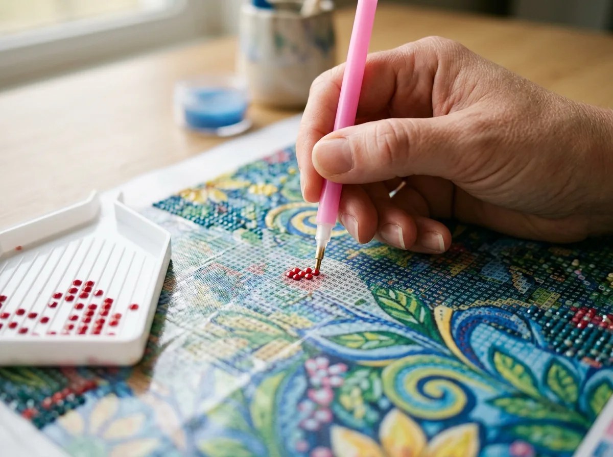 Close-up of a diamond painting stylus placing a resin drill onto its matching spot on an adhesive canvas