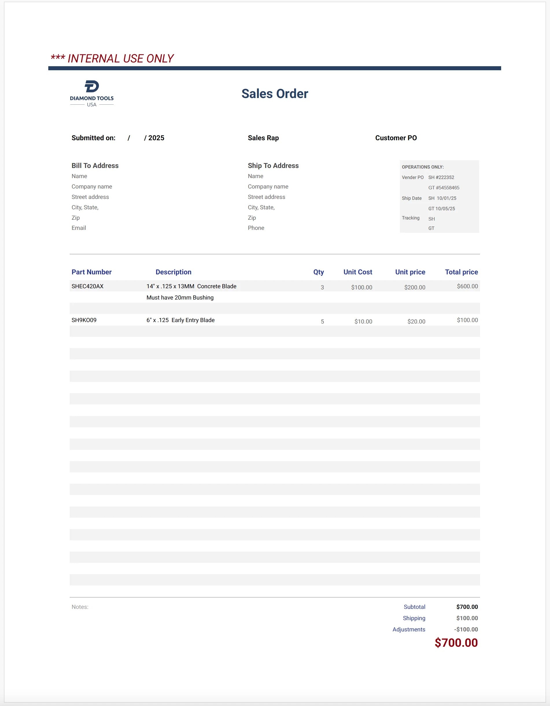 Sales Order Form - Diamond Tools USA