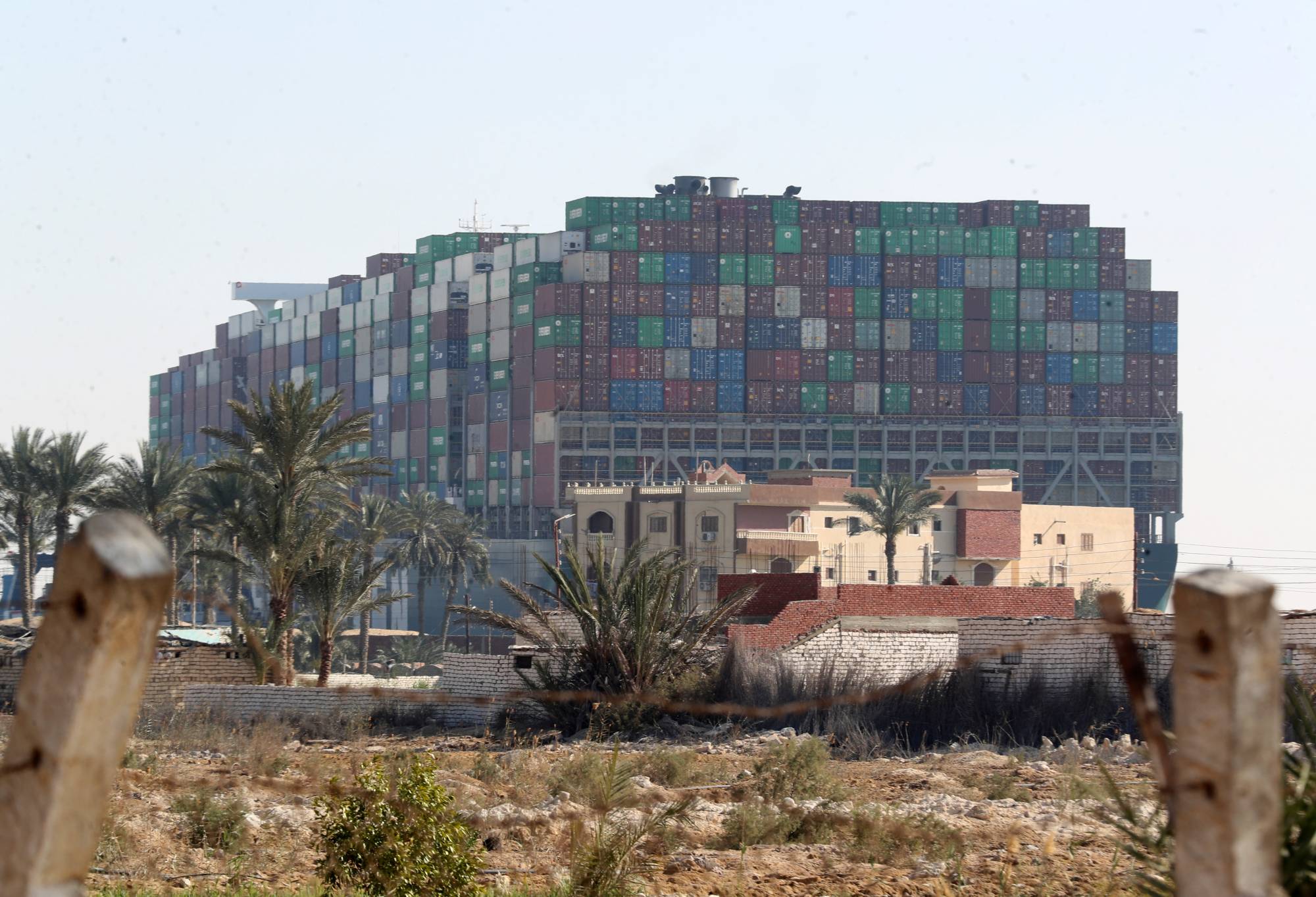 A view shows the stranded container ship Ever Given, one of the world's largest container ships, after it ran aground, in Suez Canal