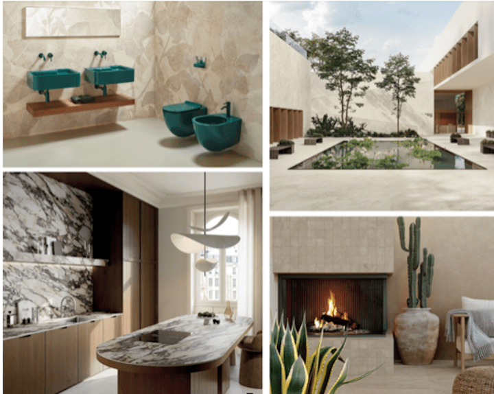 A modern bathroom featuring turquoise sinks and toilets against floral patterned walls.