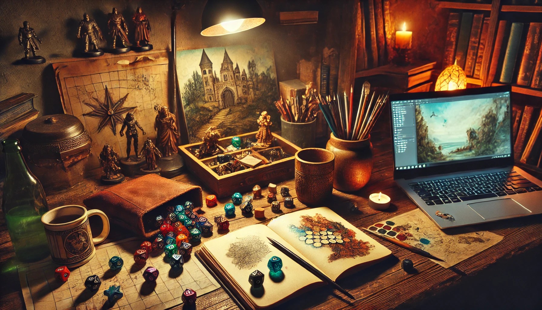 homebrew - desk with many D&D items on it