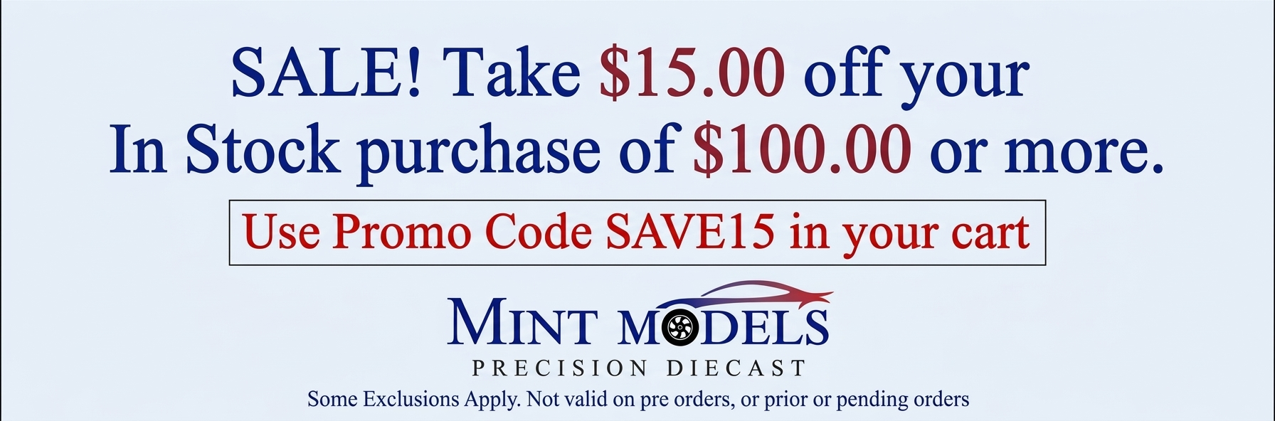 SALE! Take $15.00 off your In Stock purchase of $100.00 or more. Use Promo Code SAVE15 in your cart.