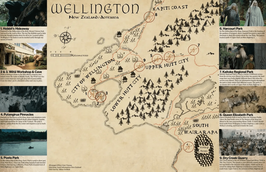 A Lord of the Rings style map of the Wellington region of New Zealand. The map depicts various points of interest related to the filming of the three Lord of the Rings movies.