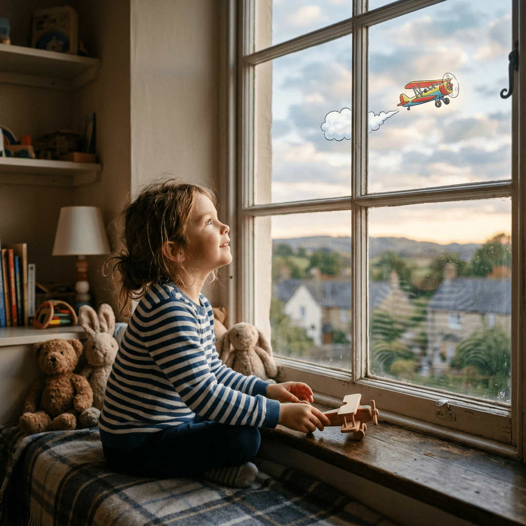 Little girl looking outside imagining flying airplane