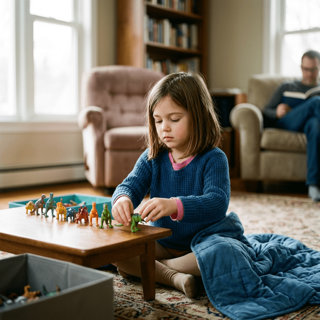 Child playing with toy dinosaurs on table in living room