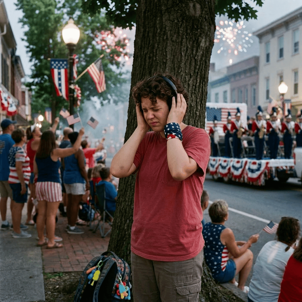 Young person holding a small American flag wearing headphones and a star-patterned bandana at a parade