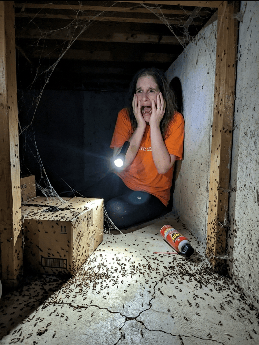 Person trapped among ants holding flashlight Woman in orange shirt holding flashlight surrounded by many ants in a small dark crawl space.