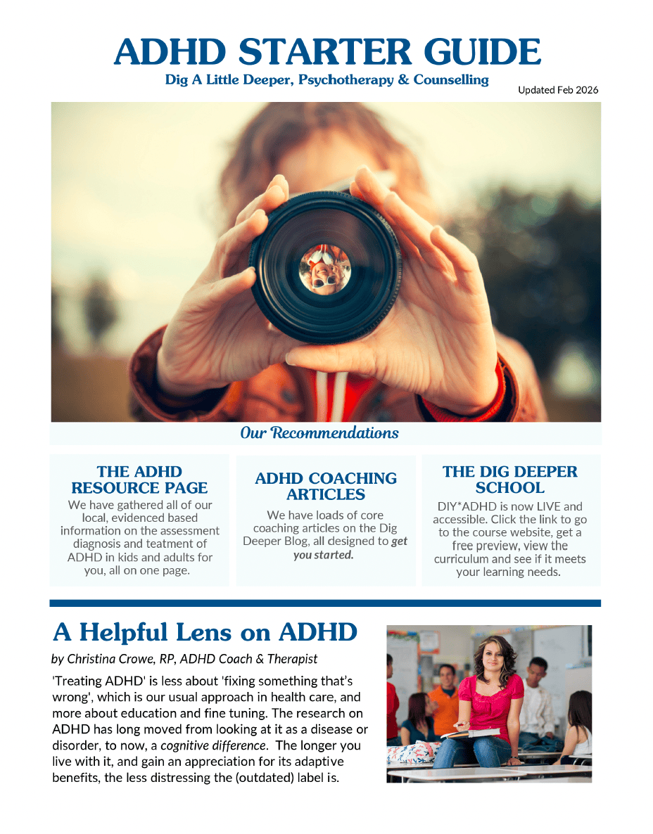The ADHD Starter Guide cover features sections like The ADHD Resource Page, ADHD Coaching Articles, and DIY + ADHD. A person peers through a camera lens. An article by Christine Croce, showcasing a woman at a desk, is included along with free mental health downloads.