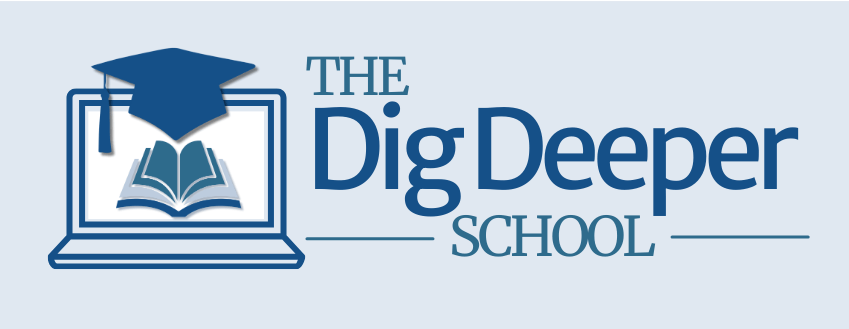 Logo for The Dig Deeper School featuring an open book and a graduation cap on a laptop screen, highlighting ADHD education for adults with the school name in blue text on a light background.